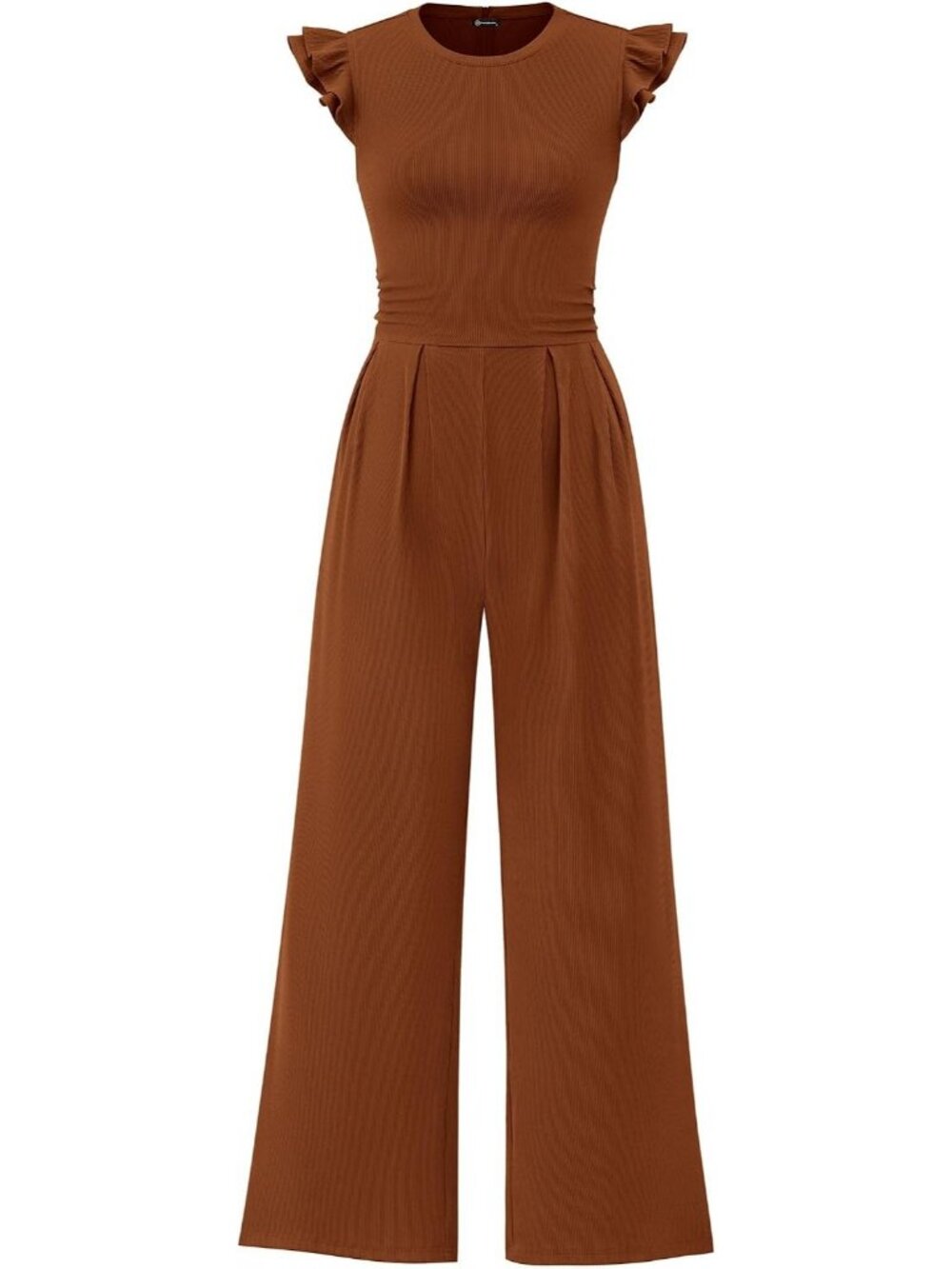 Womens Coffee Crewneck Jumpsuits Cap Sleeve Ruffle Ribbed Wide Leg Casual Romper